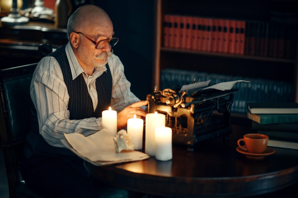Adult writer works on typewriter with candle light